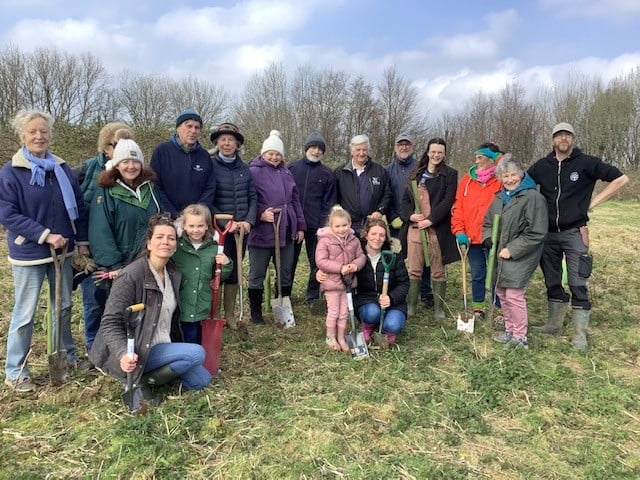 Cllrs Tom Holway, Cllr Rosemary Rowe, Cllr Hilary Bastone, Drew Powell and tree planters 