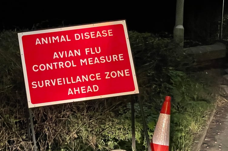 One of the warning signs on the A377 near Newton St Cyres after avian flu was discovered there on April 6, 2022. AQ 5807