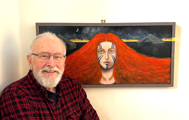Artist Tim Clifford with his latest work - 'Iceni Dawn, Boudica'