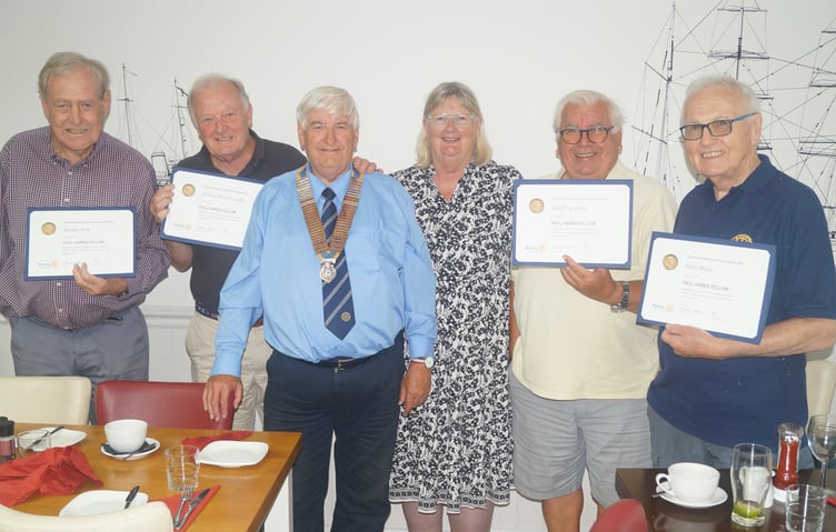 Hilary Bastone pictured (centre) with this year’s incoming Rotary president Mary Burden and award winners (from left) Martin Nutt, Martin Judd, Geoff Hicks and Peter Shaw. Bill Parker was not present.