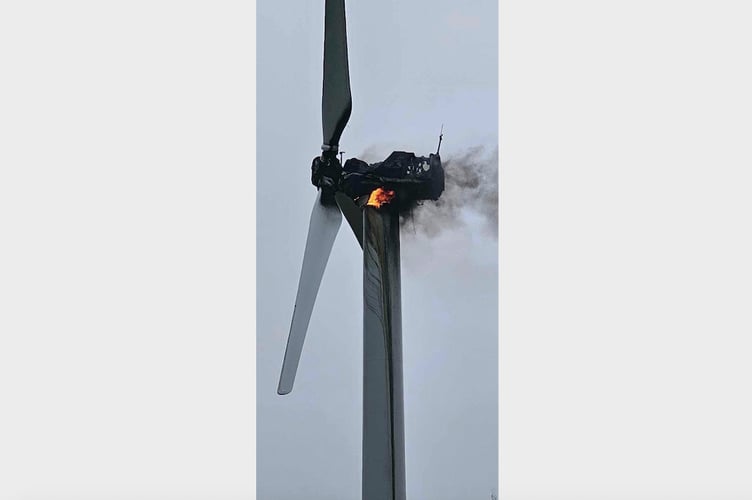 The wind turbine on fire at Winkleigh.
