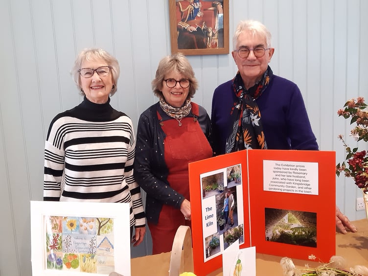 L to R: Rosemary Speed, Flo Stathers,Chair of KSHAC and Chris Stephens, Trustee of KCGarden, at the opening of their joint Exhibition “September Flowers”