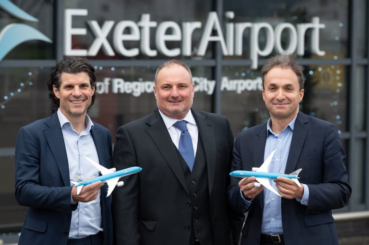 L to R: Steven van Wijk, Commercial Director for UK & Ireland at Air-France-KLM; Stephen Wiltshire, Managing Director of Exeter Airport and Jerome Salemi, General Manager for UK & Ireland at Air-France-KLM.