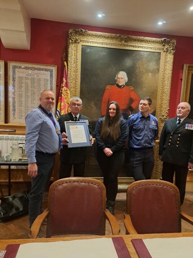 Mayor Cllr David Wells makes presentations to members of HM Coastguard