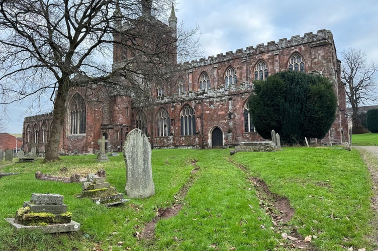 Tyre tracks from the vehicle at the rear of Crediton Parish Church.  AQ 2491
