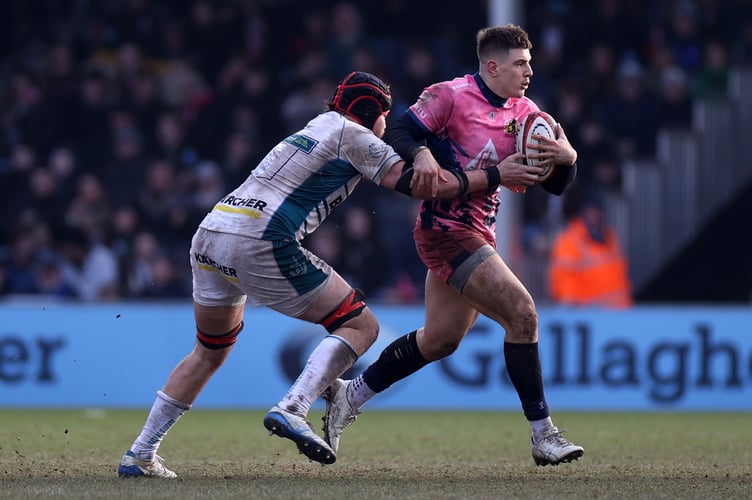 Exeter Chiefs centre Joe Hawkins in Premiership Rugby Cup action against Gloucester at Sandy Park