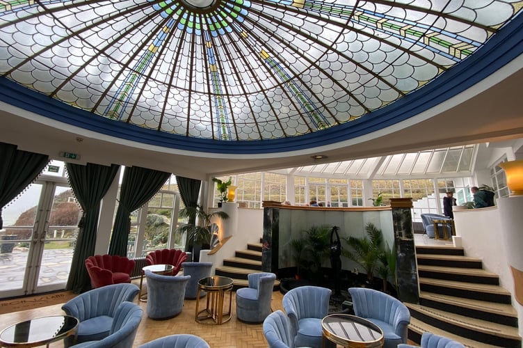 The hotel's Art Deco interior includes an impressive glass ceiling