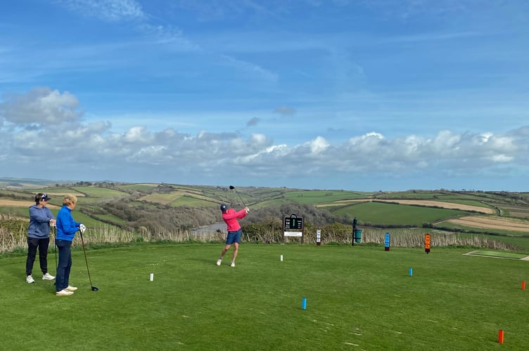 L-R on the 14th tee are Amanda Burchell, Joanne Shorrocks and Nikkie Kidd.