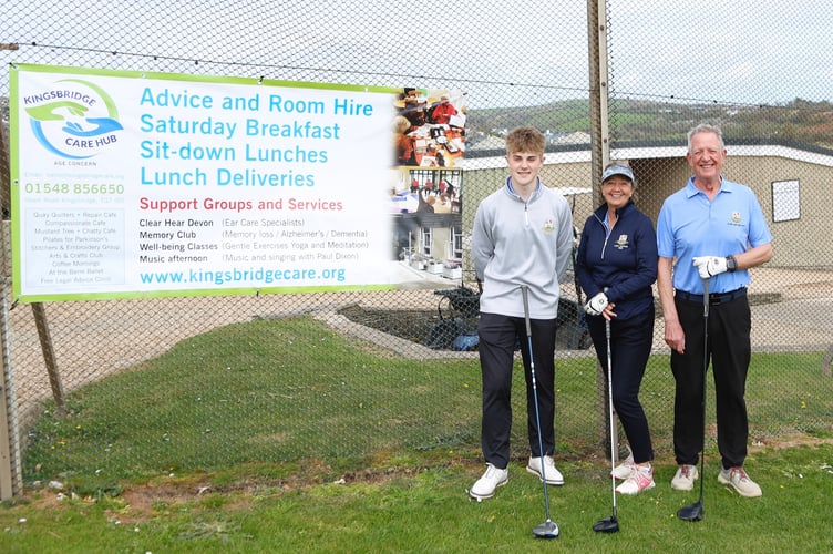 The Juniors captain William Hoskin, Lady captain Fiona Turner and Club Captain John Rogers with the poster about their Charity the Kingsbridge Care Hub