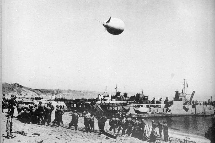 American Forces with landing craft, ships and barrage balloon training at Slapton Ley