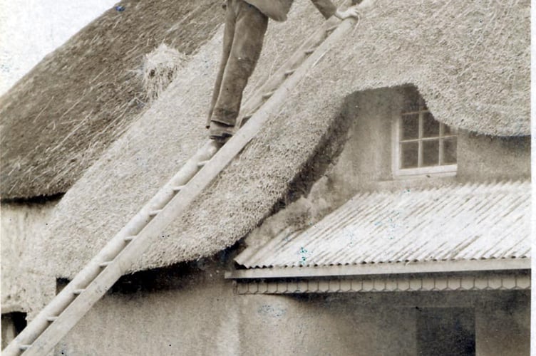 Two men thatching a cottage at Bottom Road, Galmpton around 1909