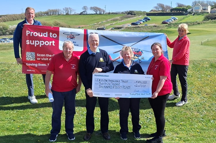 L to R: Roger Kendall (Club Chairman), Rex Brown (DAAT), Jim Stewart (2024 Club Captain), Pam Adams (2024 Ladies Captain), Kelly Phillips (DAAT), Liz Stewart (TGC)