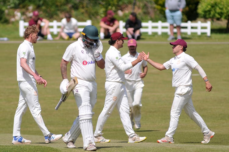 Devon Cricket League B Division Ipplepen 1st XI versus Stoke Gabriel 1st XI. Pens' won the toss and elected to bat making 198/6 after 45 overs. Ipplepen's Aidan Phillips leaves the field after being caught by Dan Duke off a ball from Isaac Withington
Stoke Gabriel took to the crease after tea and responded with 202/6 after 35.3 overs  giving them a four wicket win.
