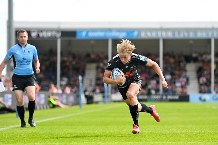 Exeter Chiefs full-back Josh Hodge crosses for a try in the Gallagher Premiership clash with Sale Sharks