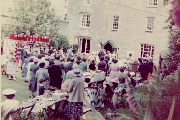 Garden fete for the church, July 1958 in the garden of Cookworthy Museum, then Kingsbridge Grammar School