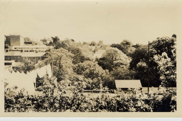View of Kingsbridge, probably Wallingford Road, with Dodbrooke Church in background