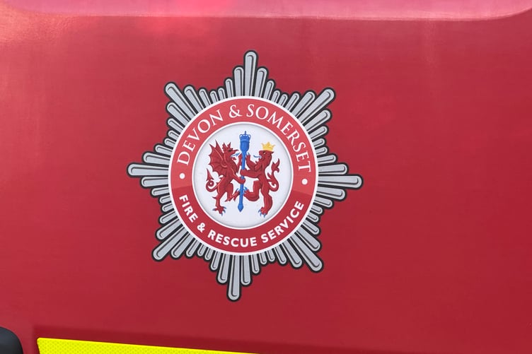 The Devon and Somerset Fire and Rescue Service logo on the side of a fire engine. AQ 7775