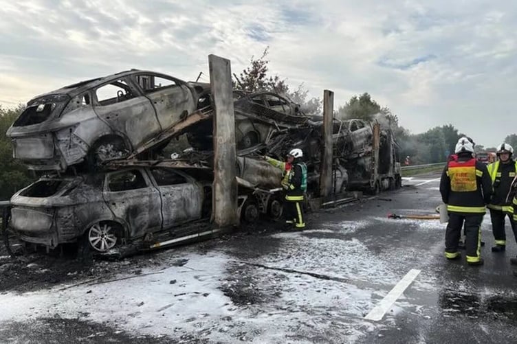 This is the remains of a lorry carrying electric cars which caught fire and blocked the M5 round Cullompton to Exeter this morning. Picture by Devon and Cornwall Roads Policing Team.
