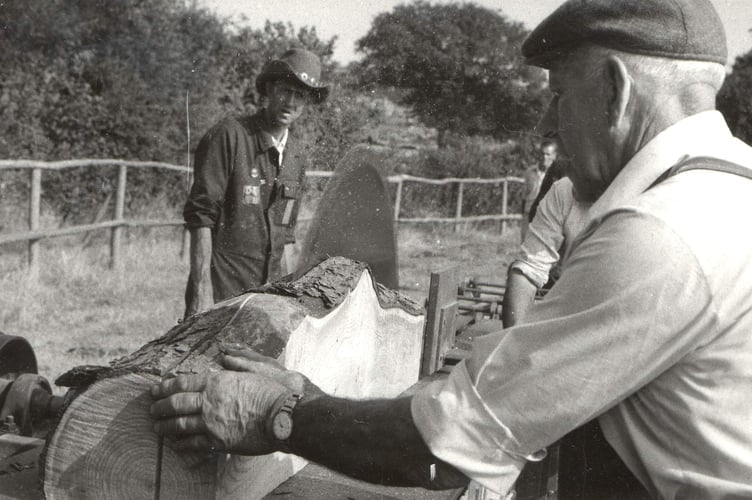 Peter Bovey, on left, and Wally operating a rack saw