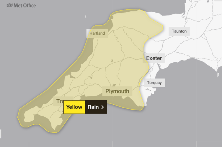 Yellow weather warning issued across Cornwall and parts of Devon.