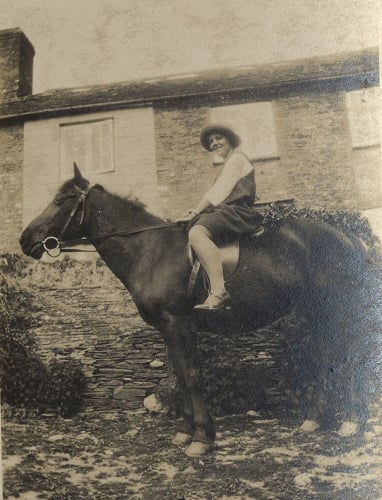 Young lady on horseback titled 'Miss H. Torr'. Higher Coombe Farm, East Allington