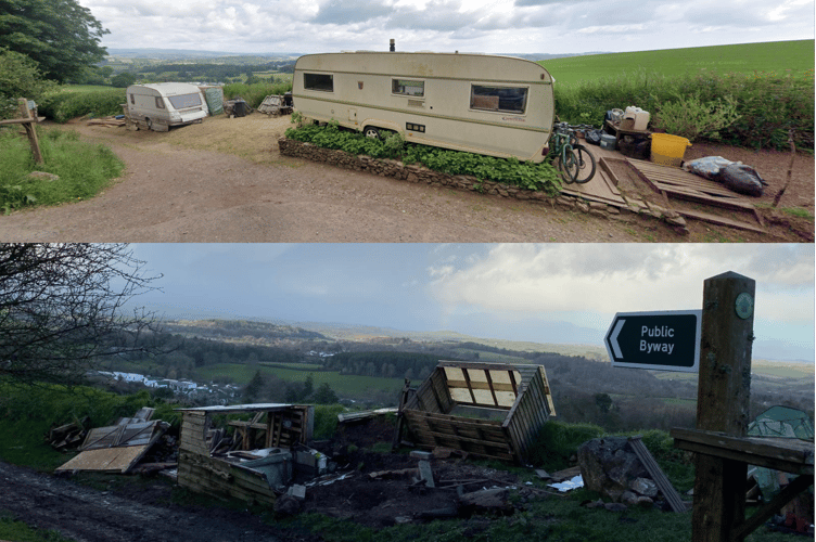 Before and after of the evicted caravan site near Totnes.