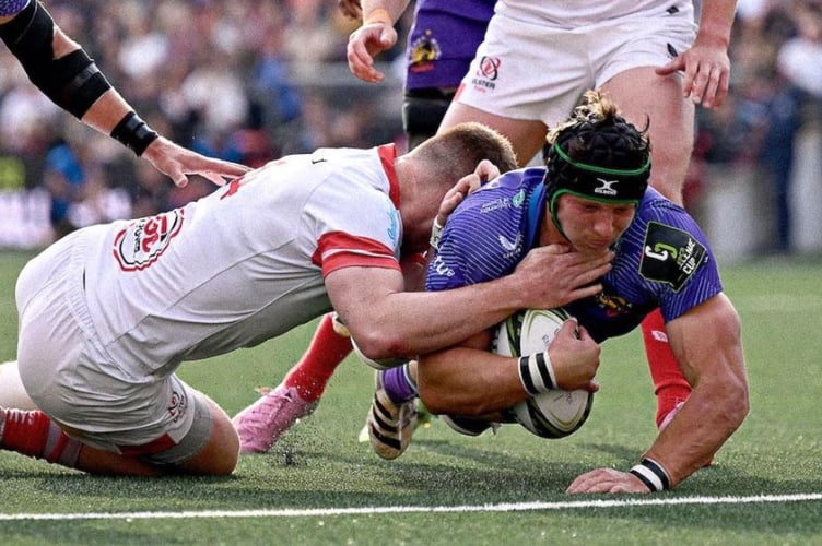 Exeter Chiefs No.8 Ross Vintcent crosses for a try in his side's European Challenge Cup semi-final with Ulster (Picture: Exeter Chiefs)