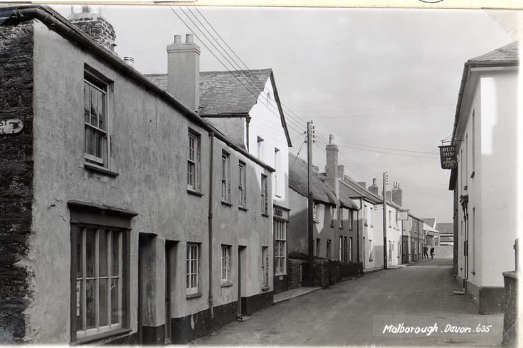 Malborough Village, Higher Town, with 'Old Inn' on right, 'Royal Oak' on left 1954