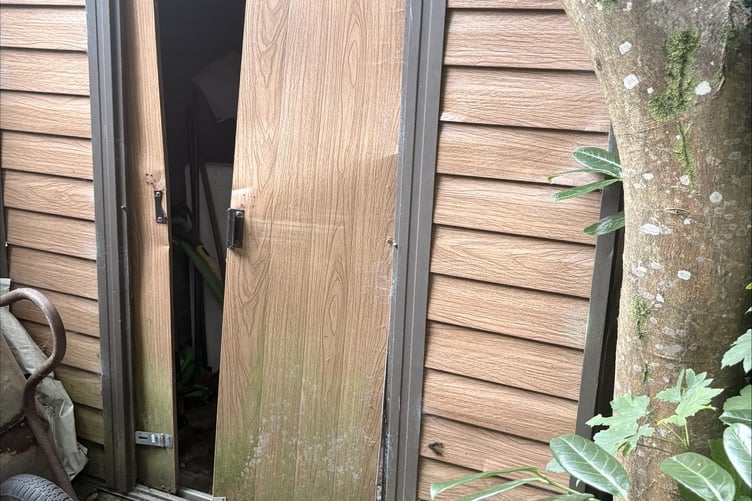 Damaged shed after items were stolen from the Forever and Always Garden.