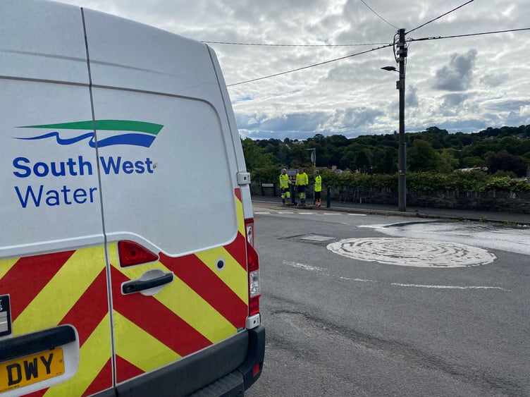 A water leak at the junction of Ford Street and West Street in Tavistock on Friday, August 7 2026.