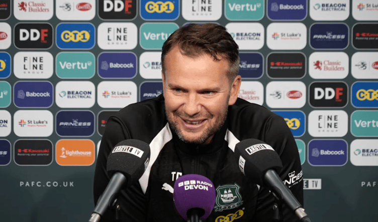 Plymouth Argyle head coach Tom Cleverly addresses the media at Home Park