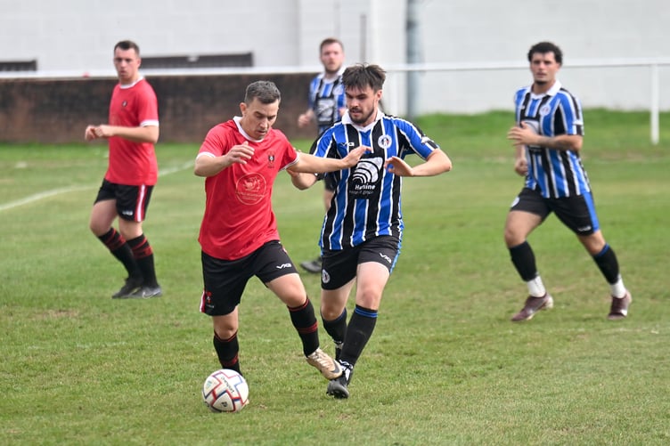 South Devon Football League Premier Division. Match action from Newton Abbot Spurs 2nds versus East Allington United. A 5-0 win for Spurs.