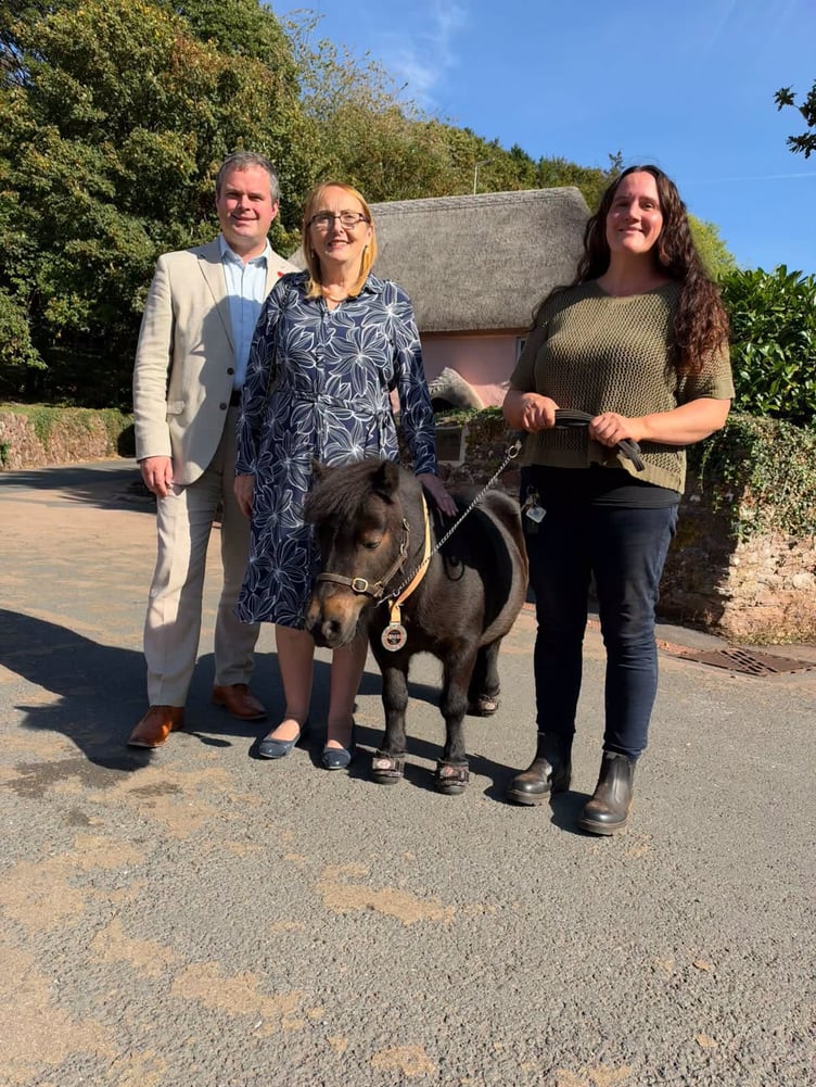 Patrick the Pony with his handler, Hannah, after being presented with his medal by Torbay’s Civic Mayor, Hazel Foster, and her husband, Kevin Foster.